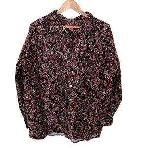 Woman Within Size 1X Black Paisley Print Buttondown Shirt #1404